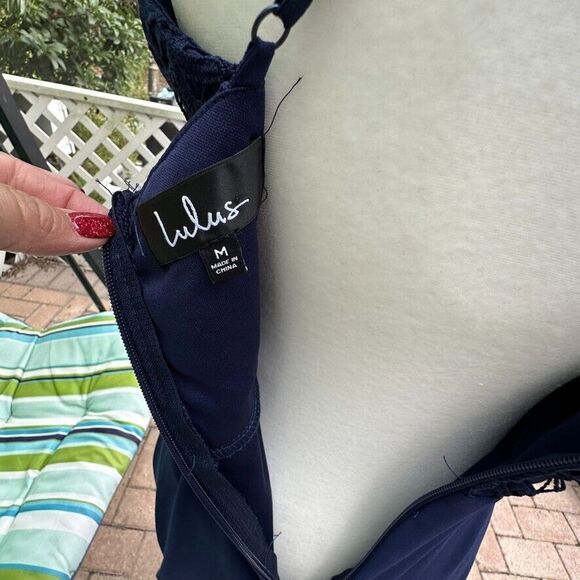 Lulus Womens Blue Gown Medium Madalyn V Neck Lace Chiffon Full Length Maxi - Picture 7 of 15